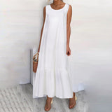 Namcoverse Fashion Loose Retro Solid Color Sleeveless O Neck Pleated Tank Maxi Dress