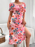 Namcoverse Holiday Summer Printed A-Line Design Square Neck Puff Sleeve High Waist Fashion Maxi Dress