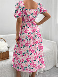 Namcoverse Holiday Summer Printed A-Line Design Square Neck Puff Sleeve High Waist Fashion Maxi Dress