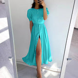 Namcoverse Summer Fashion Print Temperament Commuting High Waist Slit Maxi Dress