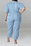 namcoverse Solid Color Casual Zipper Denim Jumpsuit With Belt