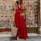 Namcoverse Sexy Solid Lace V Neck Elegant Sleeveless Party Fashion Boho Maxi Dress