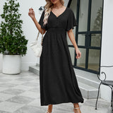 Namcoverse Elegant V-Neck Short Flare Sleeves Elastic High Waist Maxi Dress