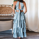 Namcoverse Sexy High Waist Sleeveless Bohemian Hollow Ruffle Cake Halter Neck Maxi Dress