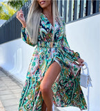 Namcoverse Fashion Vintage Print Long Sleeve Boho Beach V Neck Party Elegant Maxi Dress