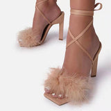 namcoverse Feather Decor Solid Color Party Strappy Sandals