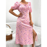 Namcoverse Holiday Summer Printed A-Line Design Square Neck Puff Sleeve High Waist Fashion Maxi Dress