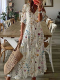 Namcoverse Elegant V Neck Tassel Loose Printed Boho Style Hollow Lace Maxi Dress