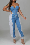 namcoverse Denim Patchwork Sporty Pocket Design Pant Suit