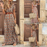 Namcoverse Boho Floral Print V Neck Short Sleeve Maxi Party Dress