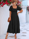 Namcoverse Elegant Square Neck Solid Short Puff Sleeve Maxi Dress