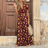 Namcoverse Boho Floral Print V Neck Short Sleeve Maxi Party Dress