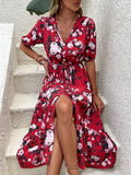 Namcoverse Print Ruffle Retro Elegant V Neck Button Tie Party Maxi Dress