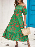 Namcoverse Summer Fashion Print Off Shoulder A-Line Holiday Beach Party Maxi Dress