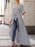 Namcoverse Fashion Casual Stripe Long Sleeve Blouse V-Neck Maxi Dress