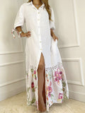 Namcoverse Elegant Balloon Sleeve Fashion Lapel Bohemian Print Shirt Maxi Dress