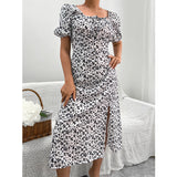 Namcoverse Holiday Summer Printed A-Line Design Square Neck Puff Sleeve High Waist Fashion Maxi Dress