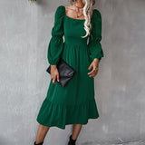 Namcoverse Elegant Square Neck Vintage Fashion Balloon Sleeves Solid Color Party Midi Dress