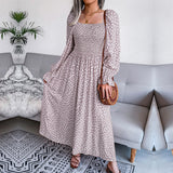 Namcoverse Elegant Square Neck Full Sleeve Pleated Printed Maxi Dress