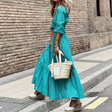 Namcoverse Fashion Elegant High Waist Pleated Office Shirt Printed Casual Maxi Dress