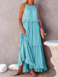 Namcoverse Women's Slant Collar Solid Color Casual Loose Ruffle Beach Party Elegant Maxi Dress