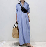 Namcoverse Summer Fashion Lapel Temperament Striped Loose Cotton Linen Cardigan Shirt Maxi Dress