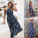 Namcoverse Fashion Halter Neck Slit Casual Holiday Elegant Sexy Print Maxi Dress