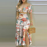 Namcoverse Fashion Off-Shoulder Sweet Printed Pattern Hollow High Waist Ruched Maxi Dress