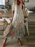 Namcoverse Elegant V Neck Tassel Loose Printed Boho Style Hollow Lace Maxi Dress