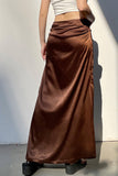 namcoverse Brown Satin Low-Rise Slit Midi Skirt