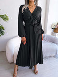 Namcoverse Elegant Spring Pleated Long Sleeve V Neck Maxi Dress