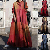 Namcoverse Plus Size Casual Fashion Cotton Linen Lapel Vintage Print Loose Long Sleeve Maxi Dress