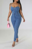 namcoverse Solid Color Smart Strappy Denim Jumpsuit