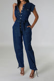 namcoverse Solid Color On-trend Strappy Belted Denim Jumpsuit