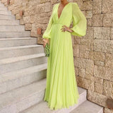 Namcoverse Sexy Deep V Neck Pleated Elegant Solid Color Fashion Loose Maxi Dress