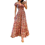 Namcoverse Women's Elegant Color Fashion Temperament V-neck Printed Ripple Maxi Dress