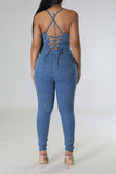 namcoverse Solid Color Smart Strappy Denim Jumpsuit