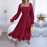 Namcoverse Fashion Casual Solid Color Square Neck Ruffles Long Dress