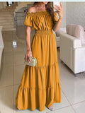 Namcoverse Women's Slant Collar Solid Color Casual Loose Ruffle Beach Party Elegant Maxi Dress