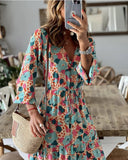 Namcoverse Elegant Bohemian Print V-Neck Long Sleeve Tie Fashion Maxi Dress