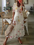 Namcoverse Elegant V Neck Tassel Loose Printed Boho Style Hollow Lace Maxi Dress