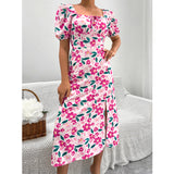 Namcoverse Holiday Summer Printed A-Line Design Square Neck Puff Sleeve High Waist Fashion Maxi Dress