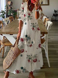 Namcoverse Elegant V Neck Tassel Loose Printed Boho Style Hollow Lace Maxi Dress