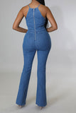 namcoverse Solid Color Cutout Feminine Denim Jumpsuit