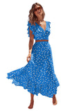 Namcoverse V-neck Ruffles Sleeves Dot Print 2 Pieces Set Elastic Long Skirts