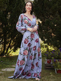 Namcoverse Trendy V Neck Bohemian Balloon Sleeve Print Vintage Vacation Loose Maxi Dress