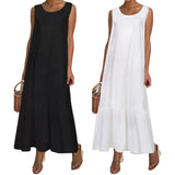 Namcoverse Fashion Loose Retro Solid Color Sleeveless O Neck Pleated Tank Maxi Dress