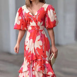 Namcoverse Women's V-neck High Waist Elegant Flower Print Puff Sleeve Holiday Maxi Dresses