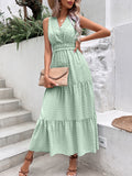 Namcoverse Elegant Lace Stitching Sexy Open Back Sleeveless Ruffle Fashion V Neck Maxi Dress