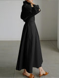 Namcoverse Summer Women's Fashion Solid Color Retro Lapel Shirt Long Sleeve Swing Maxi Dress